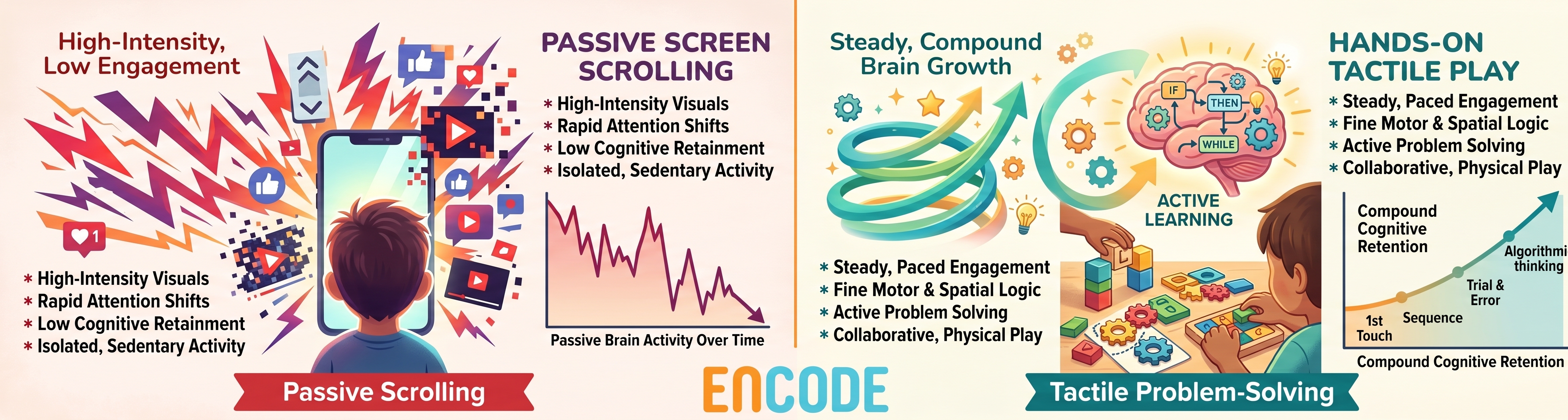 Infographic comparing passive screen time with hands-on computational thinking at Encode Education.